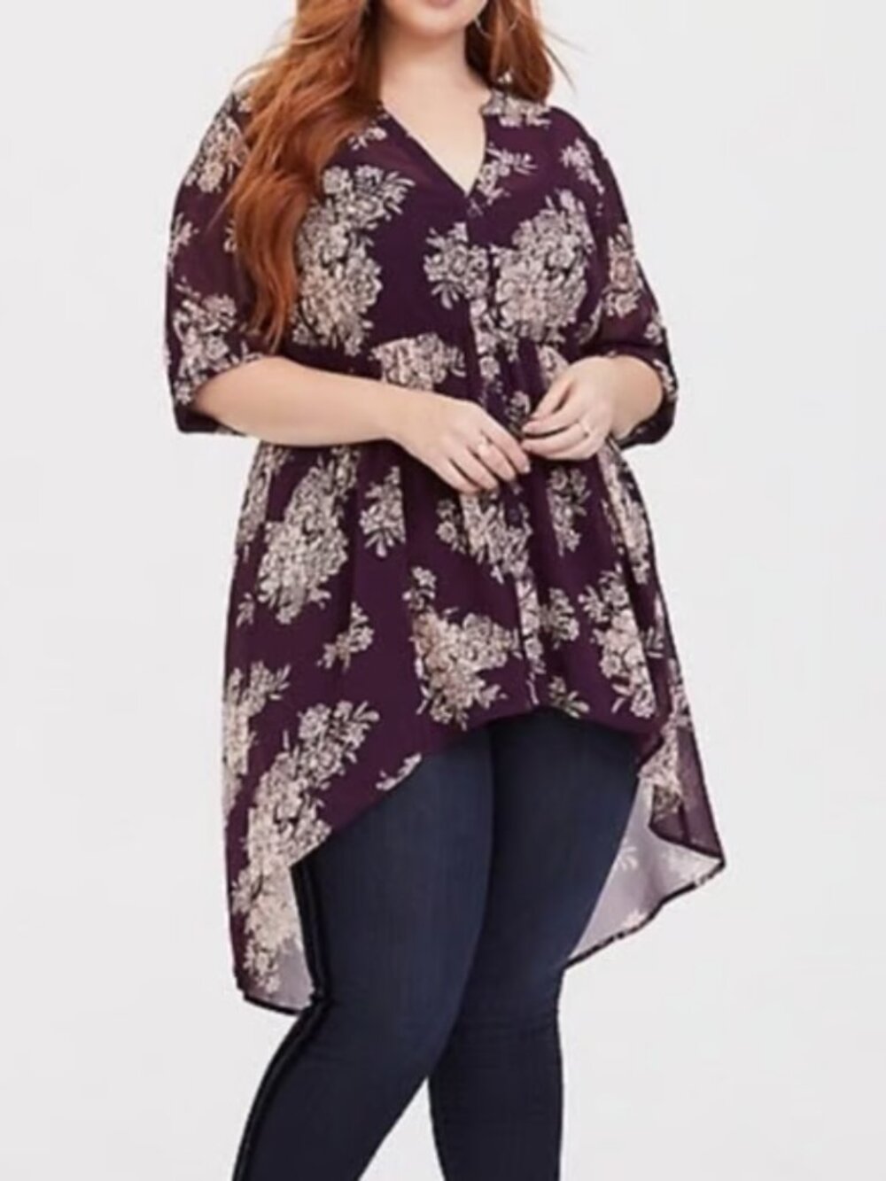 Torrid Burgundy Purple Floral Chiffon Sheer High Low Tunic